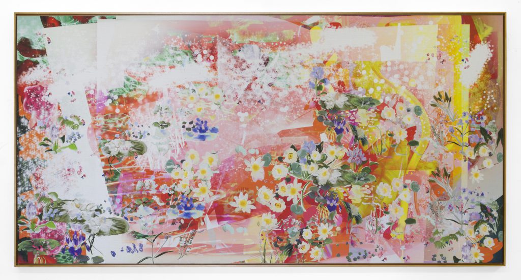 Petra Cortright, deicideCHEMICAL_records.tbl, 2015. Digital painting on raw Belgian linen, 47 x 92.5 inches. Courtesy of the artist and Ever Gold [Projects].