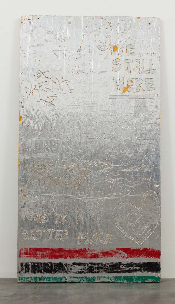 Lauren Halsey, og marvelous marv / lil bit / keep it clean, 2016. Foam and glitter, 96 x 48 inches.