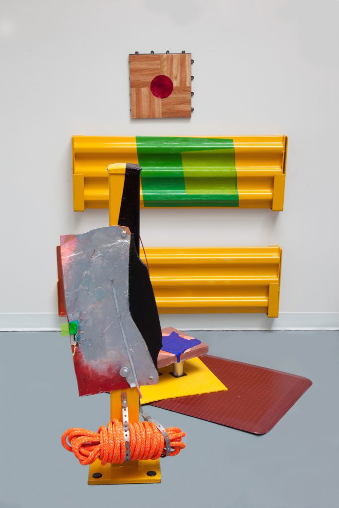 Detached Detail, 2016. Industrial metal fencing, dance floor tile, leather, vinyl, rope, hardware, floor tile, floor mat, masonry square tile, bent metal rod, and acrylic and oil paint. © Jessica Stockholder. Courtesy of the artist and Mitchell-Innes & Nash. 