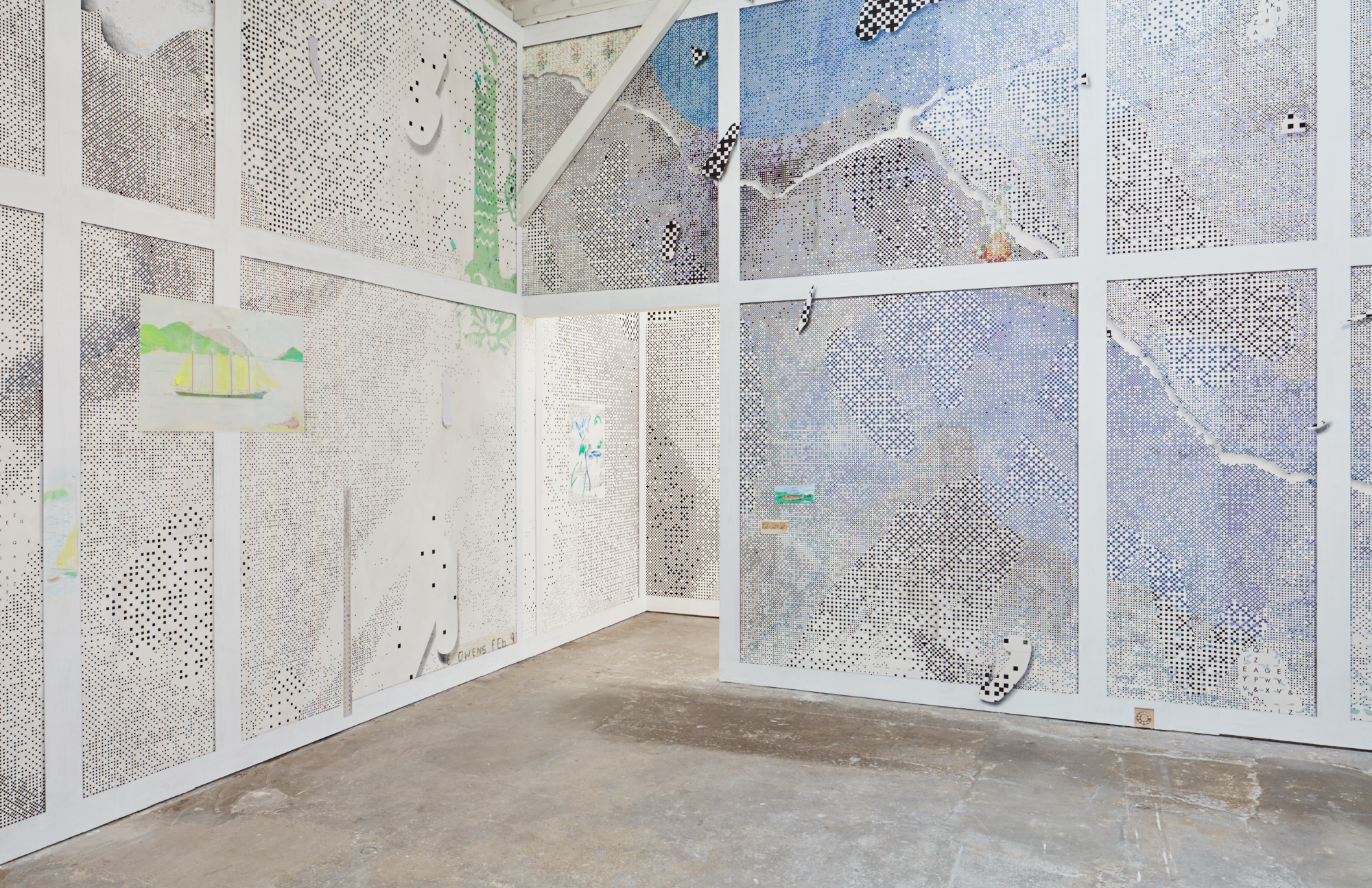 Installation view, Laura Owens: Ten Paintings at the Wattis Institute for Contemporary Art, San Francisco, 2016. Courtesy of the artist and the Wattis Institute for Contemporary Art.