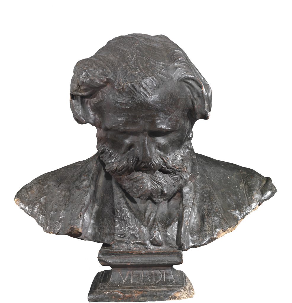 Vincenzo Gemito, Portrait of Guiseppe Verdi, 1873, bust made of beeswax, red wax and pigmented wax with a bronze appearance on a plaster core, 22 ⅘ x 24 ⅕ x 12 in. Private Collection