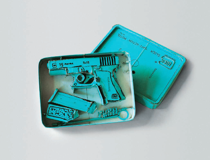 Tiffany Glock (Model 19), 1995. Cardboard, thermal adhesive, and ink, 2.5 x 6.5 x 9 inches. Courtesy of the artist.