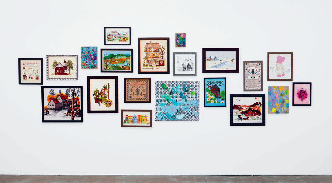 Installation view, Laura Owens: Ten Paintings at the Wattis Institute for Contemporary Art, San Francisco, 2016. Second gallery view, with paintings by Laura Owens and embroideries by Eileen Owens. Courtesy of the artist and the Wattis Institute for Contemporary Art.