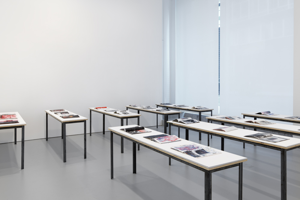 Installation view, through patches of corn, wheat and mud, Oscar Murillo at David Zwirner, New York, 2016. Courtesy of David Zwirner.