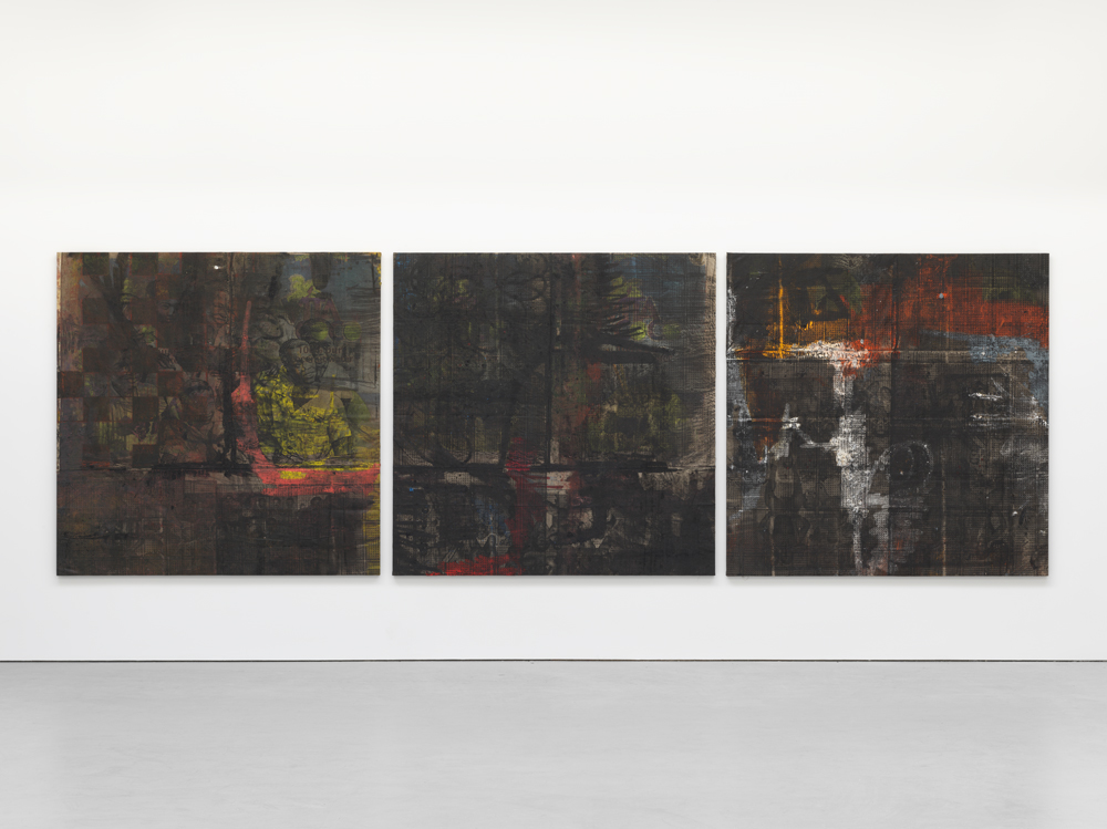 out of many, one people, 2015-2016. Oil, oil stick, and graphite on canvas and linen. Overall: 78.75 x 242.5 inches. Canvas, each: 78.75 x 78.75 inches. Courtesy of David Zwirner.