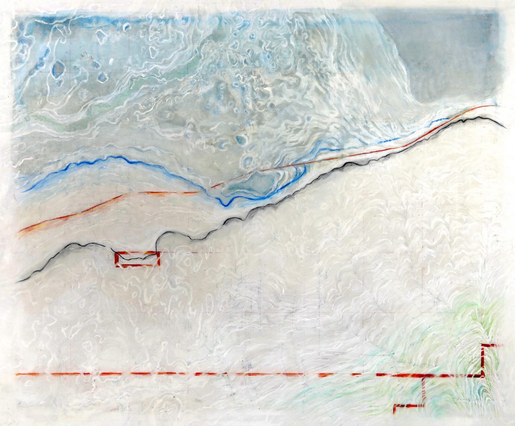 Becky Evans, Owens Lake, from Lone Pine, 2013. Altered USGS map, watercolor, inks, colored pencil. Mounted on panel under beeswax. Courtesy the artist. 
