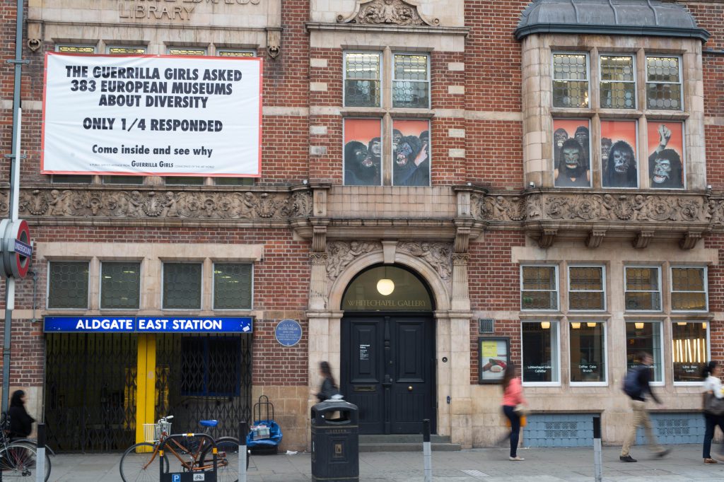 Installation view, Is it even worse in Europe?, the Guerrilla Girls at Whitechapel Gallery, London, 2016. Photograph by David Parry/PA Wire. Courtesy of Whitechapel Gallery.
