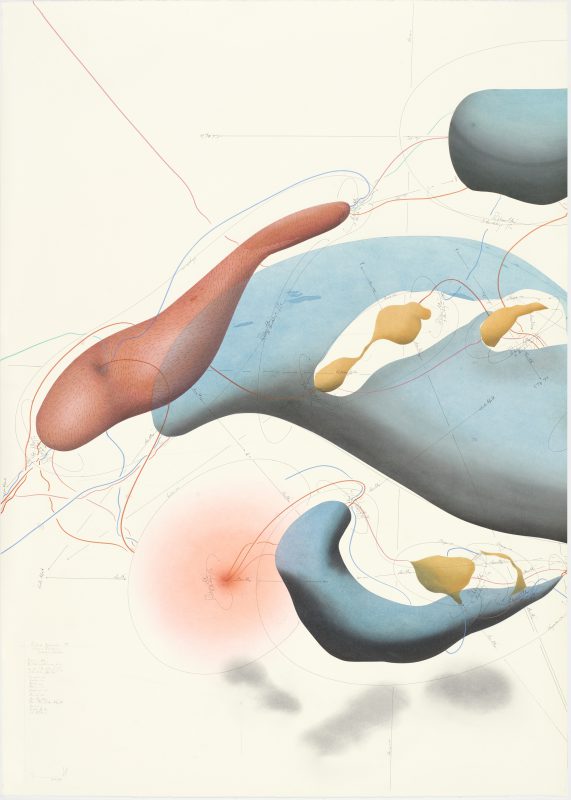 Jorinde Voigt, Berlin 2016 Radical Relaxation (I) bis (VII) (Stress + Freiheit), Sloterdijk / Rousseau 77 Positionen, Rotationsrichtung, Rotationsgeschwindigkeit, 1-177 Umdrehungen/ Tag, 1 Umdrehung/ Stunde, Vorgestern → ∞, Gestern → ∞, Heute → ∞, Morgen → ∞, Übermorgen → ∞, Now (1)-(8), Ausrichtung Oben, Ausrichtung Erdmittelpunkt, Horizont, Erdoberfläche Teil 1 der 7-teilige Arbeit à 140 x 100 cm, Gesamtgröße 140 x 700 cm, Tinte, Ölkreide, Pastell, Bleistift auf Papier, Unikat, Signiert Courtesy König Galerie, Berlin, David Nolan Gallery, New York, Lisson Gallery, London © Jorinde Voigt, Foto: Roman März, © VG Bild-Kunst, Bonn 2016