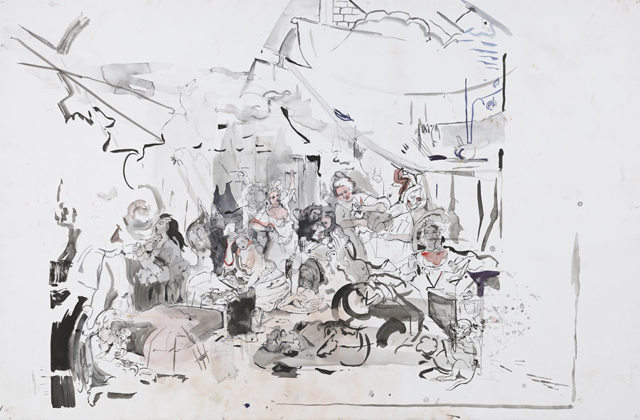 Cecily Brown, Strolling Actresses, 2015. Watercolor and ink on paper. 52 1/2 by 79 inches.