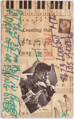 Wallace Berman, Collaged mailer, c. 1960's. Collage on cardstock, 6 x 3 inches. Courtesy of the Landing.