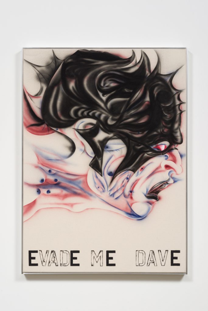 Zoe Barcza, Evade Me, Dave, 2016. Acrylic on canvas and aluminum artist frame. 31.5 x 43.3 x 1.75 inches. Courtesy the artist and Ghebaly Gallery, Los Angeles. Photo: Jeff McLane